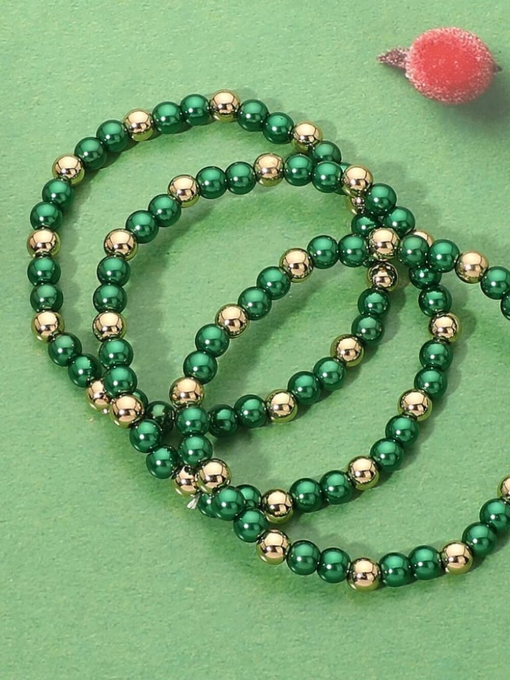 3 Christmas Beaded Stretch Bracelets - Red/Gold or Green/Gold